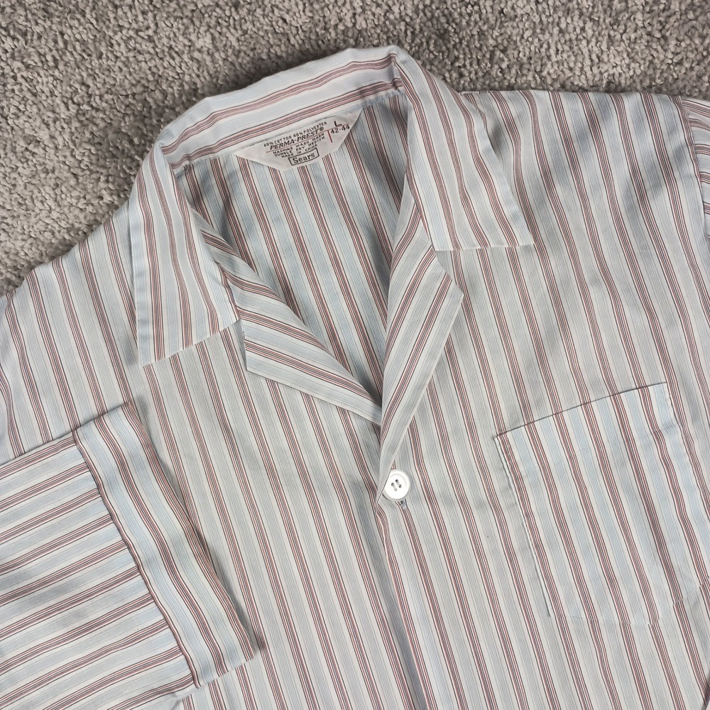 Vintage 70s Sears L Mens Blue Red Striped Perma-Prest Long Sleeve Pajama Top